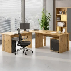 Scrivania ufficio angolare 228x198cm con cassettiera rovere grafite Woody