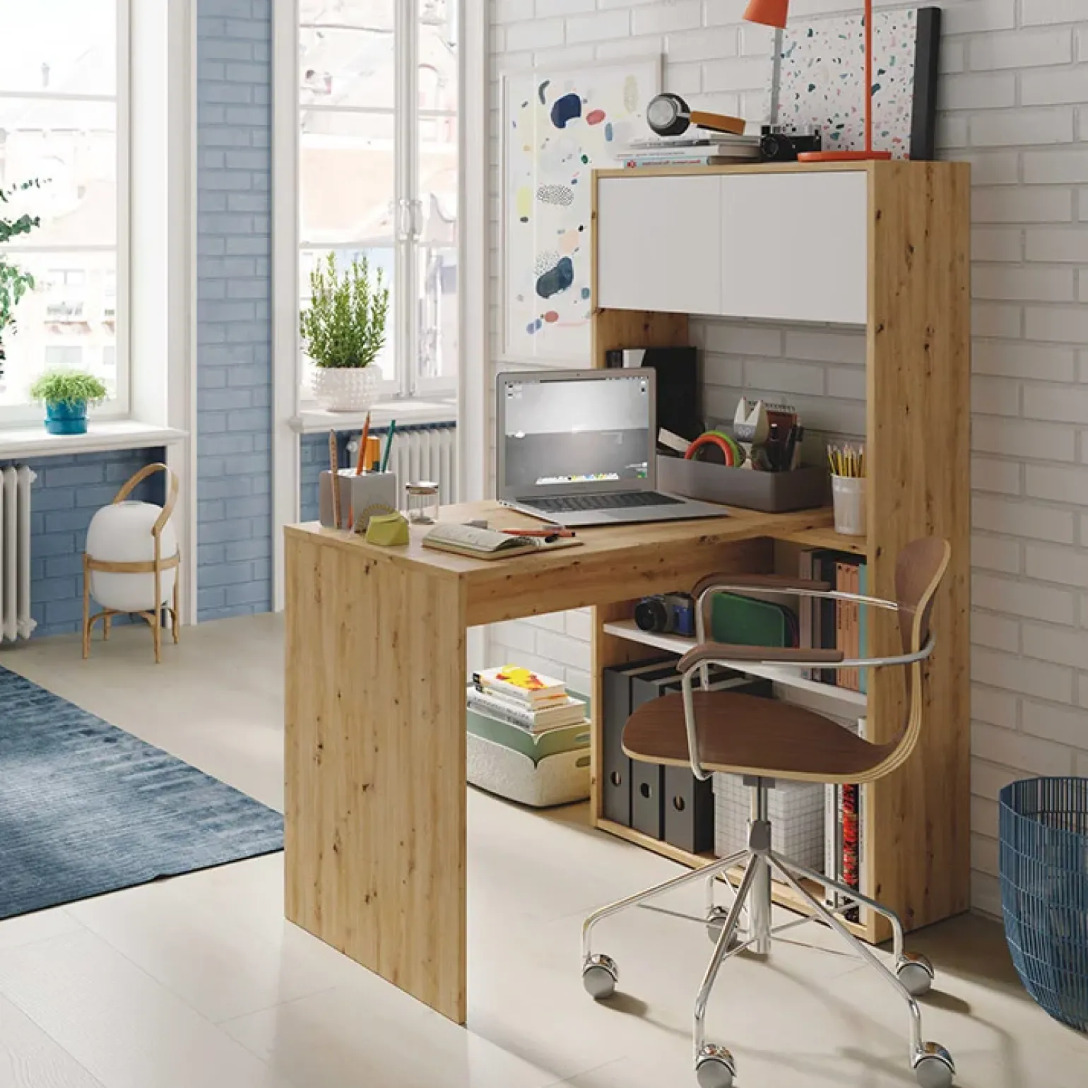 Scrivania ufficio moderna reversibile rovere bianco artico Grom