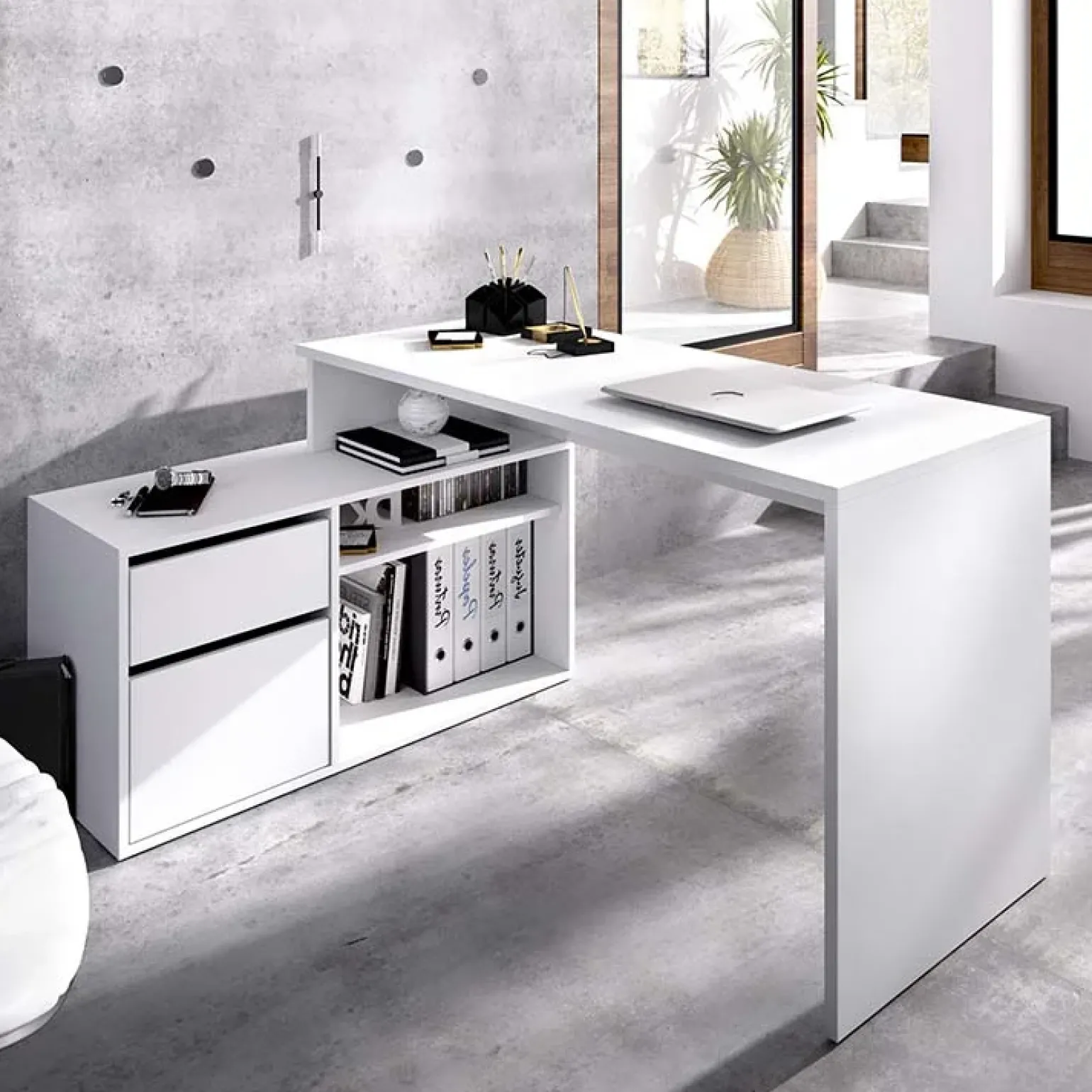 Scrivania ufficio salvaspazio moderna 230x51cm bianco opaco Teddy