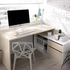 Scrivania ufficio salvaspazio 230x51cm rovere bianco lucido Teddy