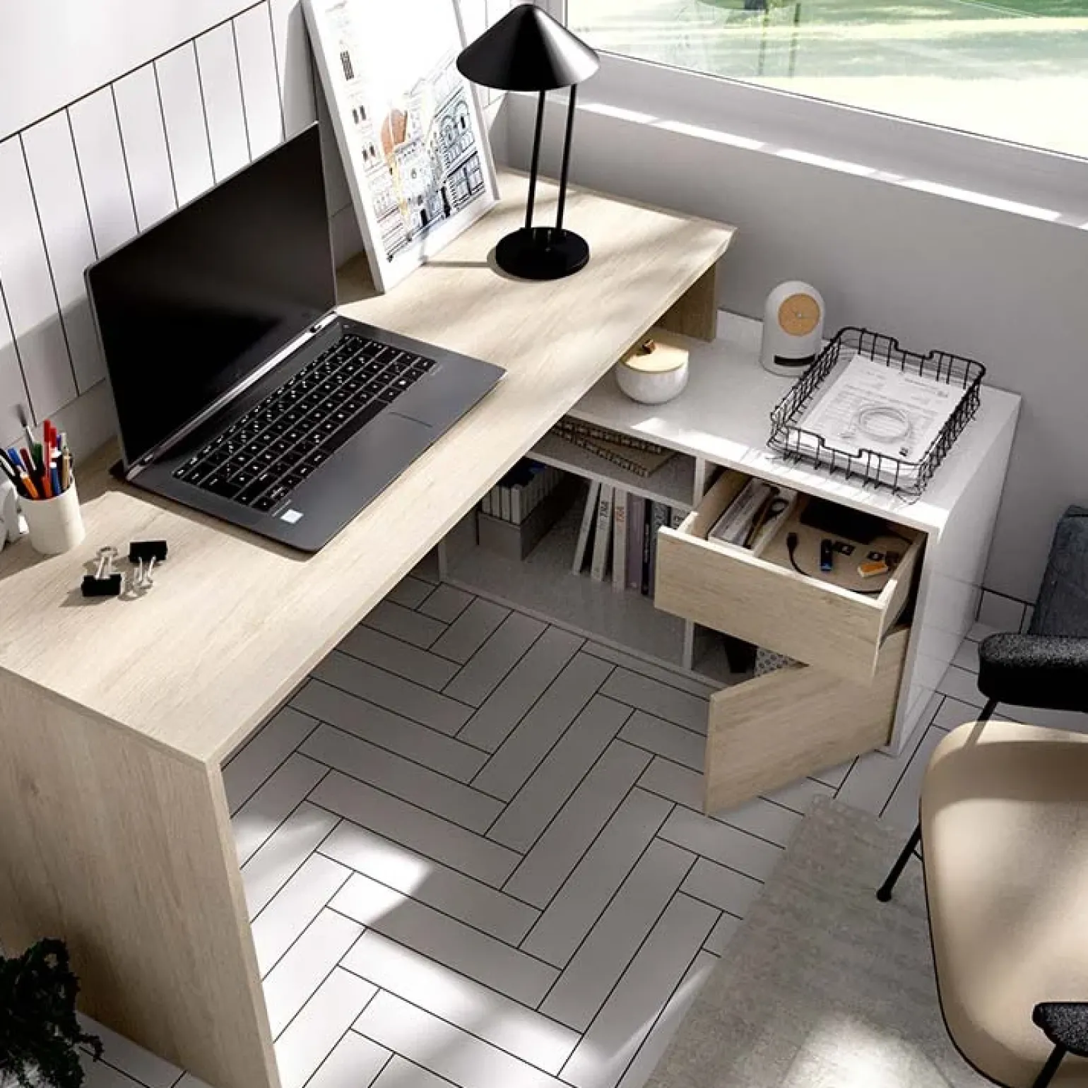 Scrivania ufficio salvaspazio 230x51cm rovere bianco lucido Teddy