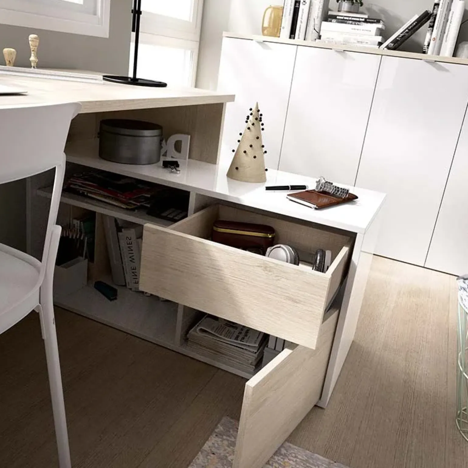 Scrivania ufficio salvaspazio 230x51cm rovere bianco lucido Teddy