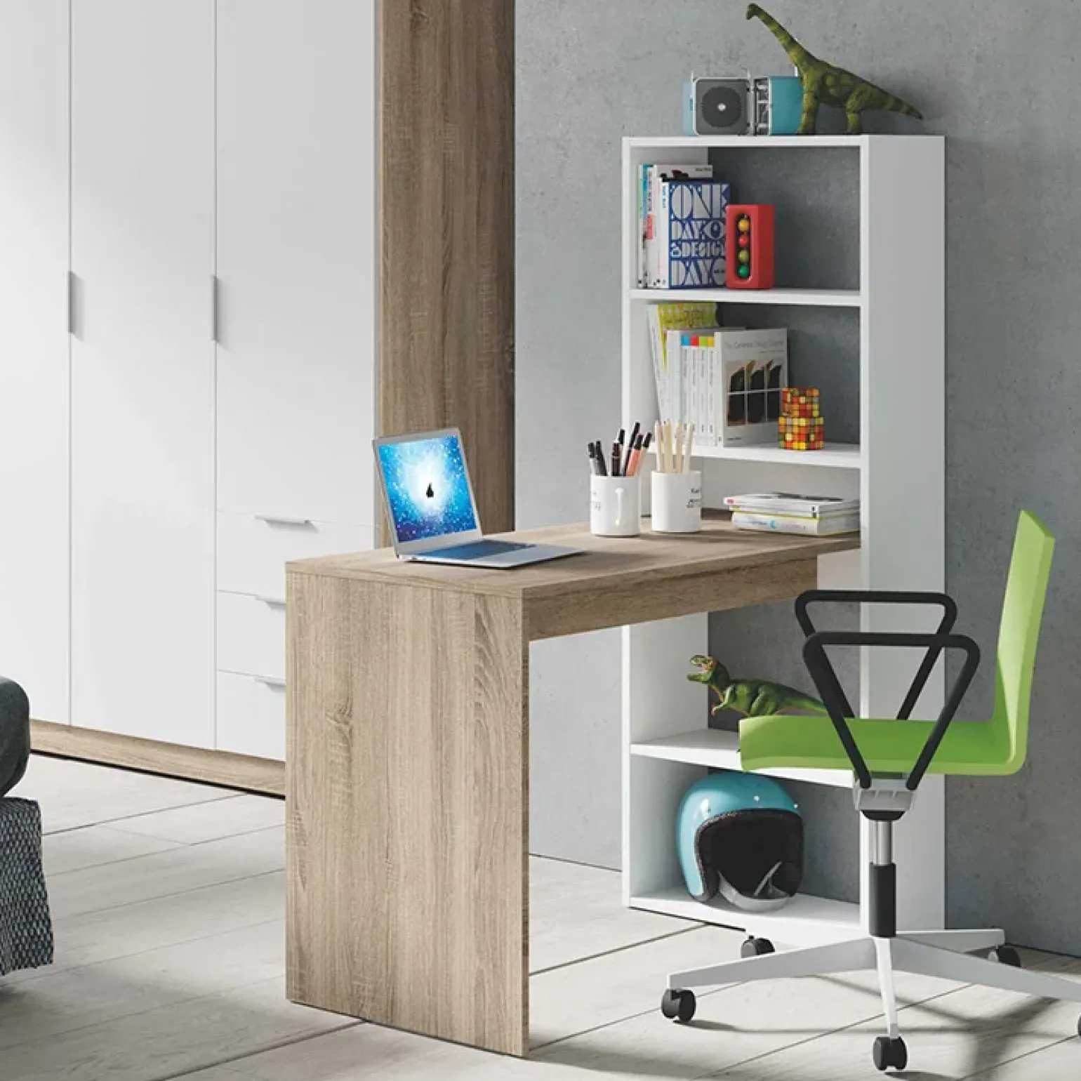 Scrivania ufficio salvaspazio moderna 120x144cm rovere bianco Jolie