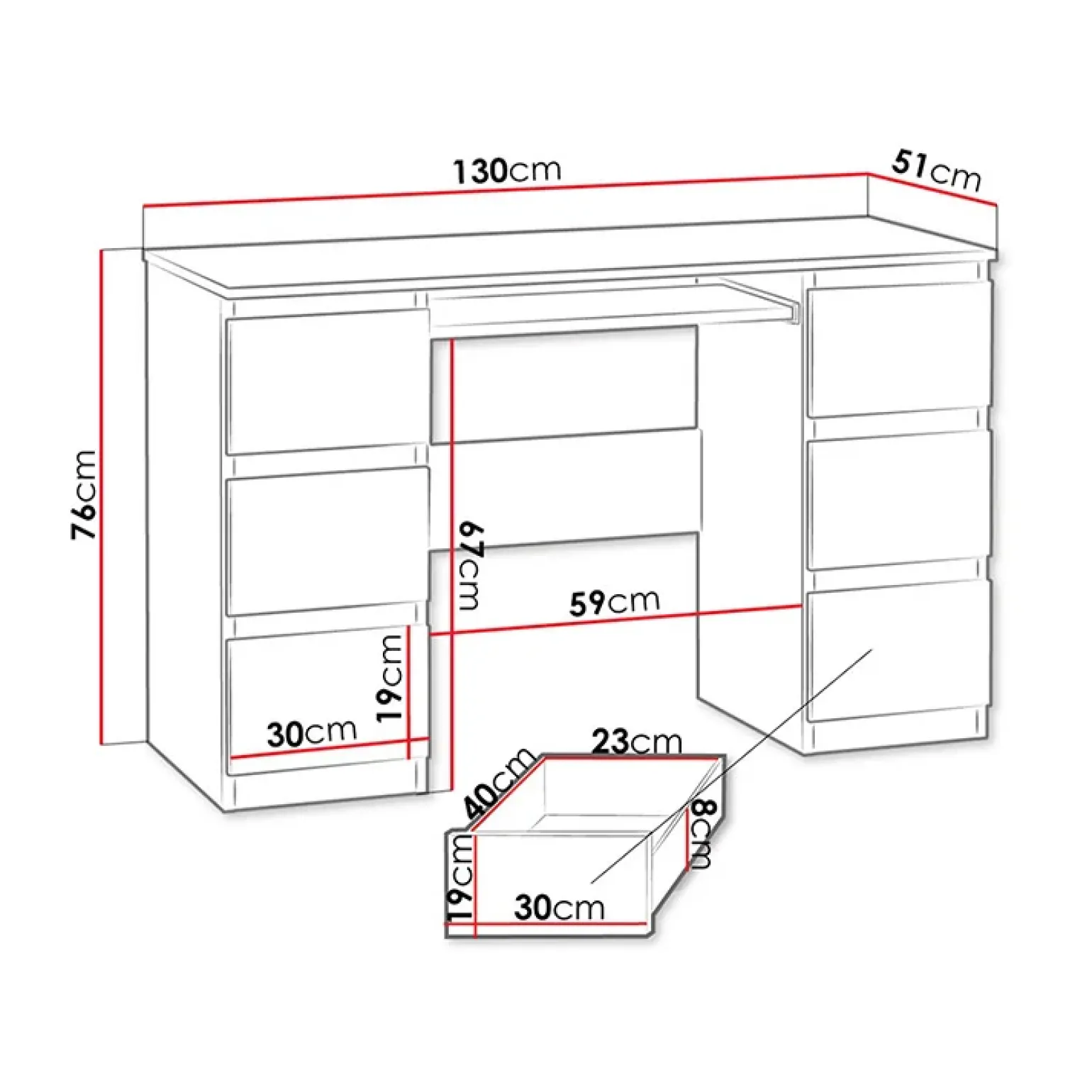 Scrivania ufficio 130x76cm 6 cassetti bianco Salford