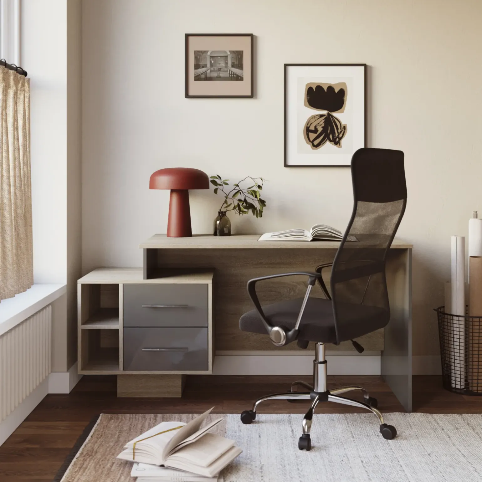 Scrivania ufficio 148x60cm con cassettiera rovere antracite lucido Time Y
