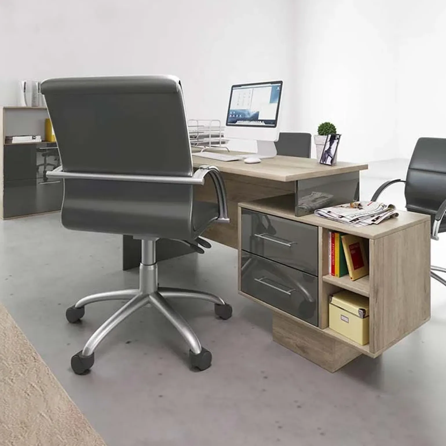 Scrivania ufficio 148x60cm con cassettiera rovere antracite lucido Time Y