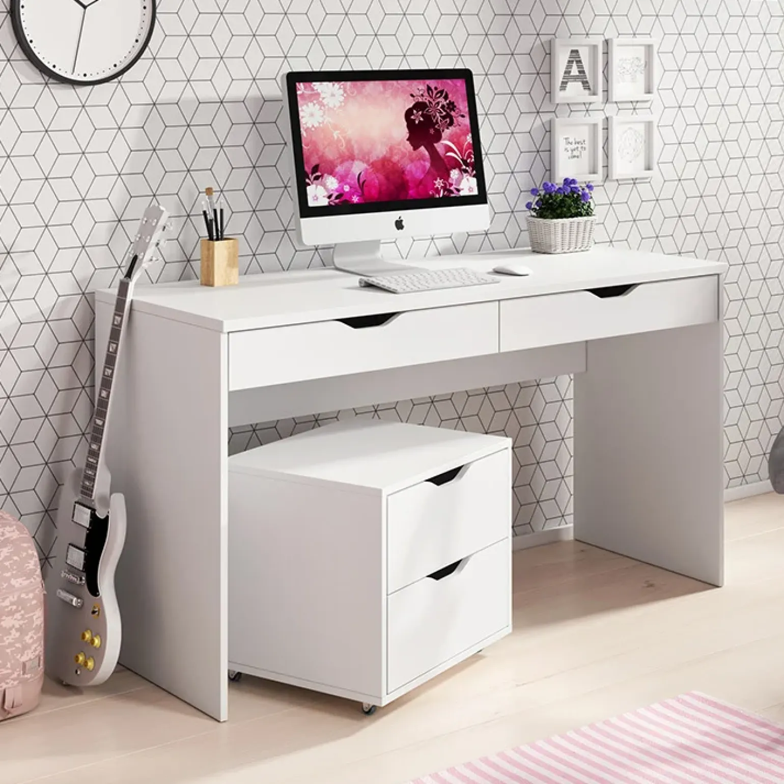 Scrivania ufficio 138x76cm con cassetti bianca Merlo