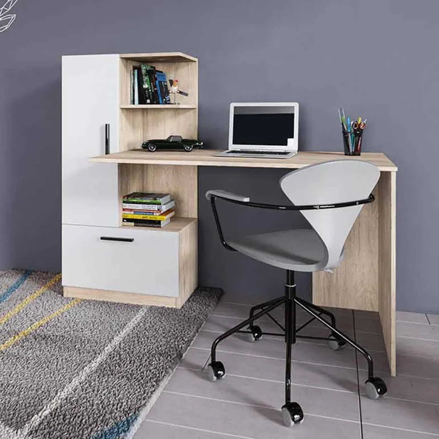 Scrivania ufficio 150x120cm rovere naturale bianco opaco Paulo