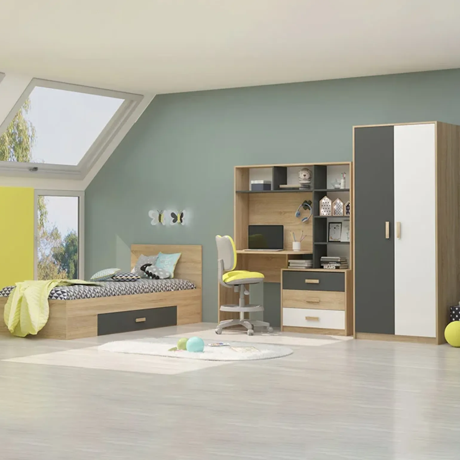 Scrivania 130x160cm moderna con cassetti rovere antracite bianco Chiaretto