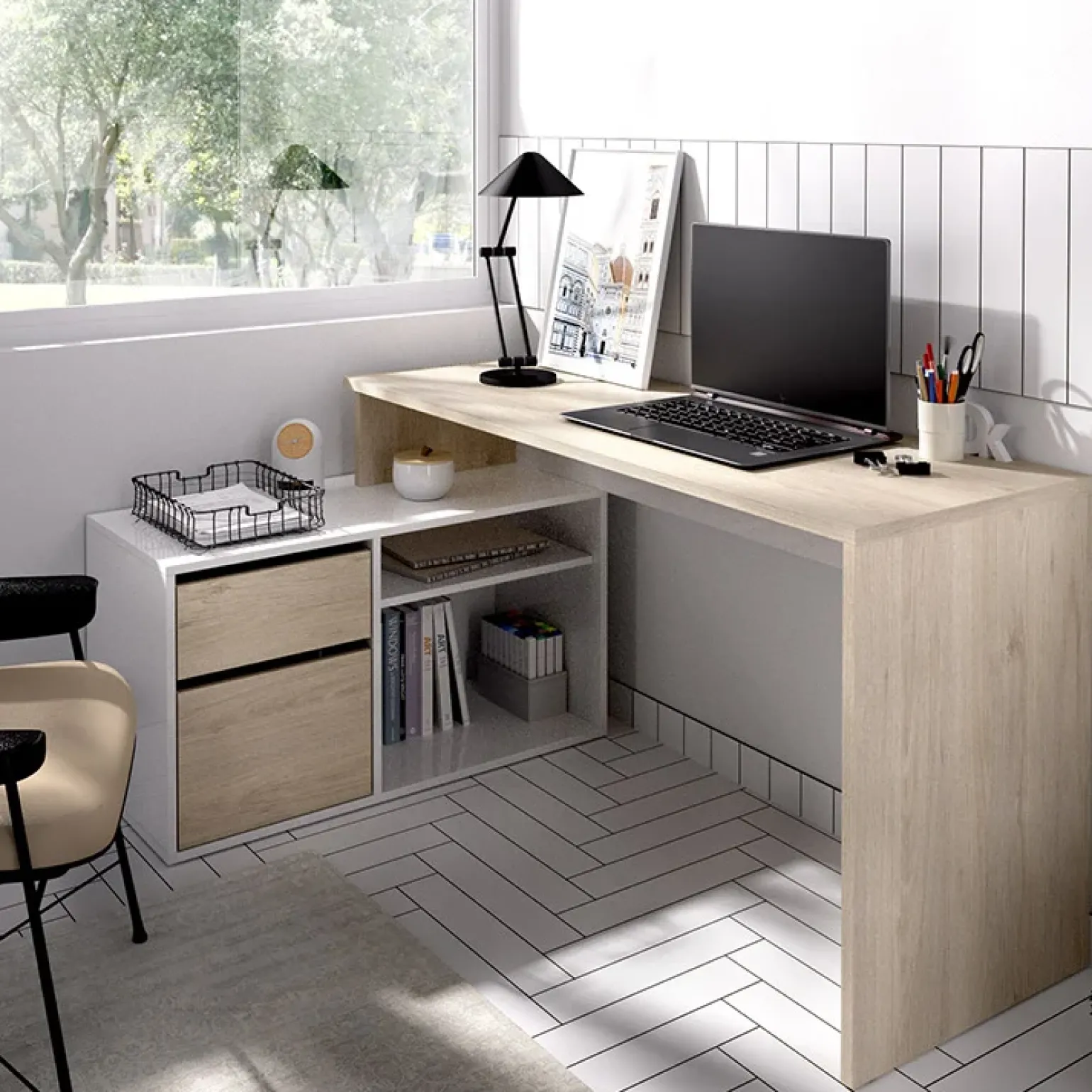 Scrivania 139x92cm ufficio angolare bianco lucido rovere Teddy