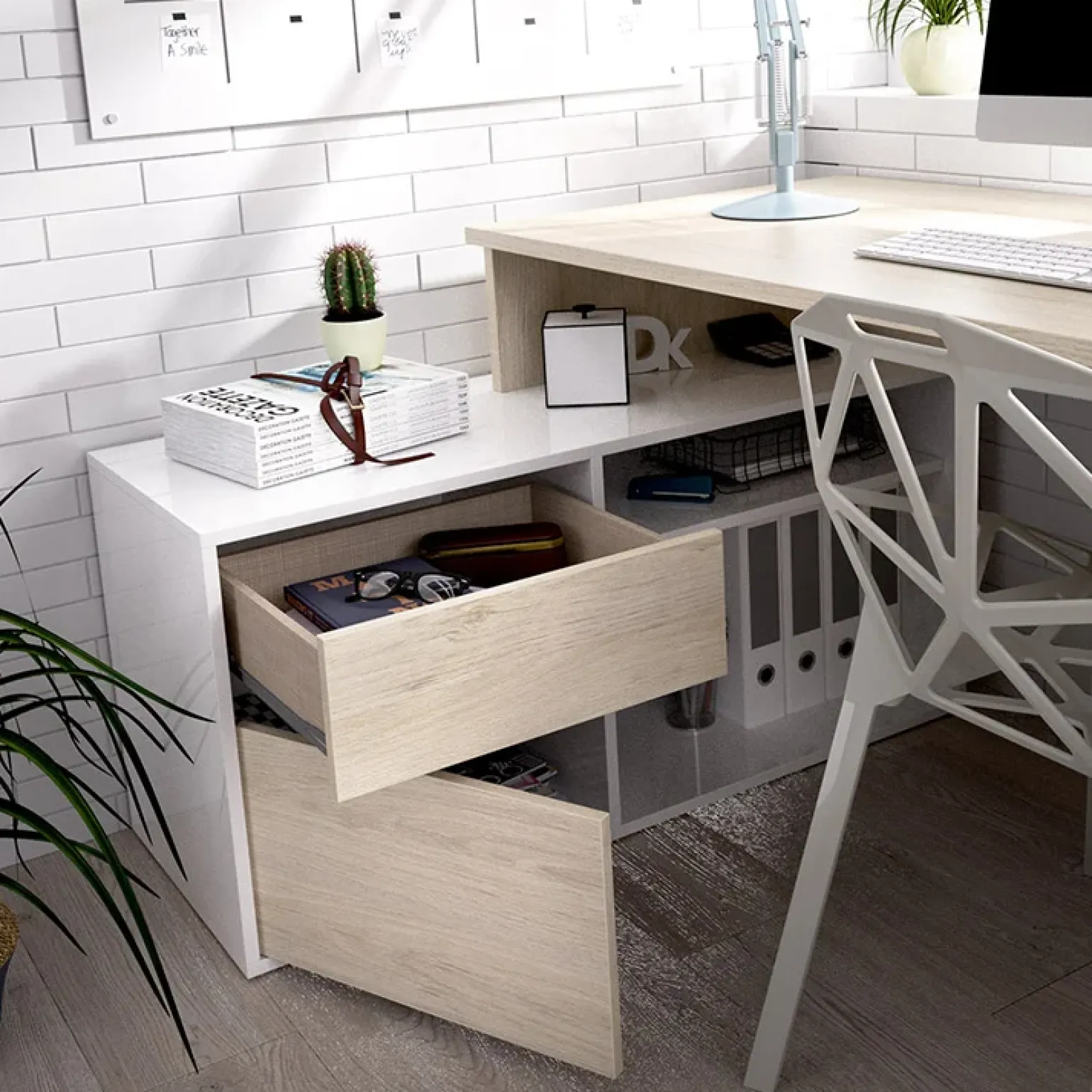 Scrivania 139x92cm ufficio angolare bianco lucido rovere Teddy