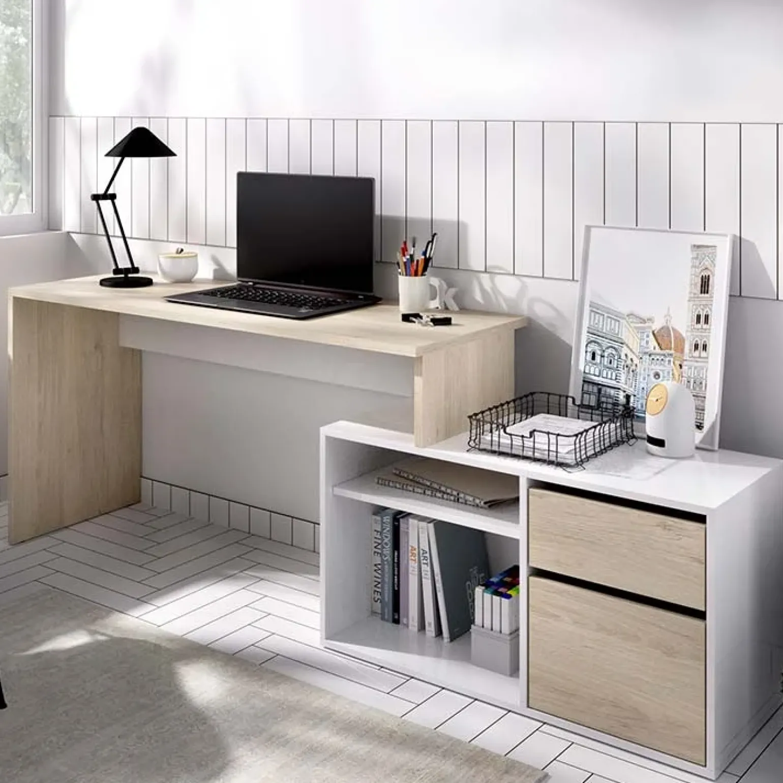 Scrivania 139x92cm ufficio angolare bianco lucido rovere Teddy