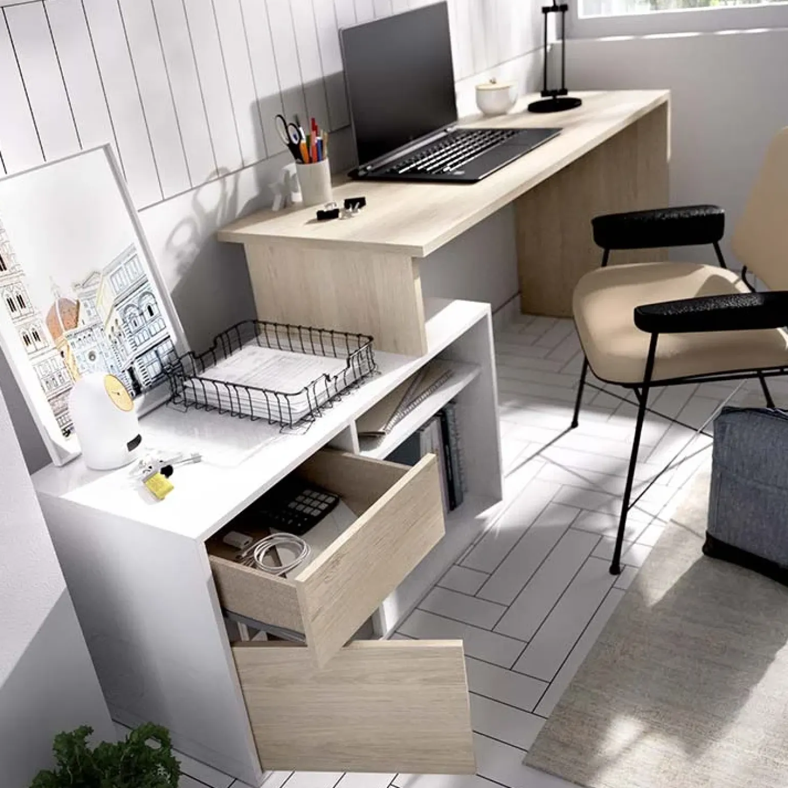 Scrivania 139x92cm ufficio angolare bianco lucido rovere Teddy
