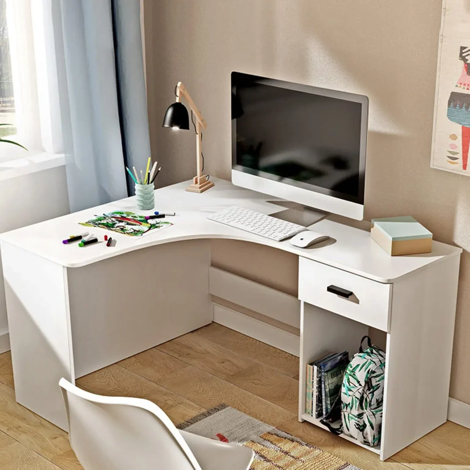 Scrivania 155x75cm ufficio angolare salvaspazio bianco William