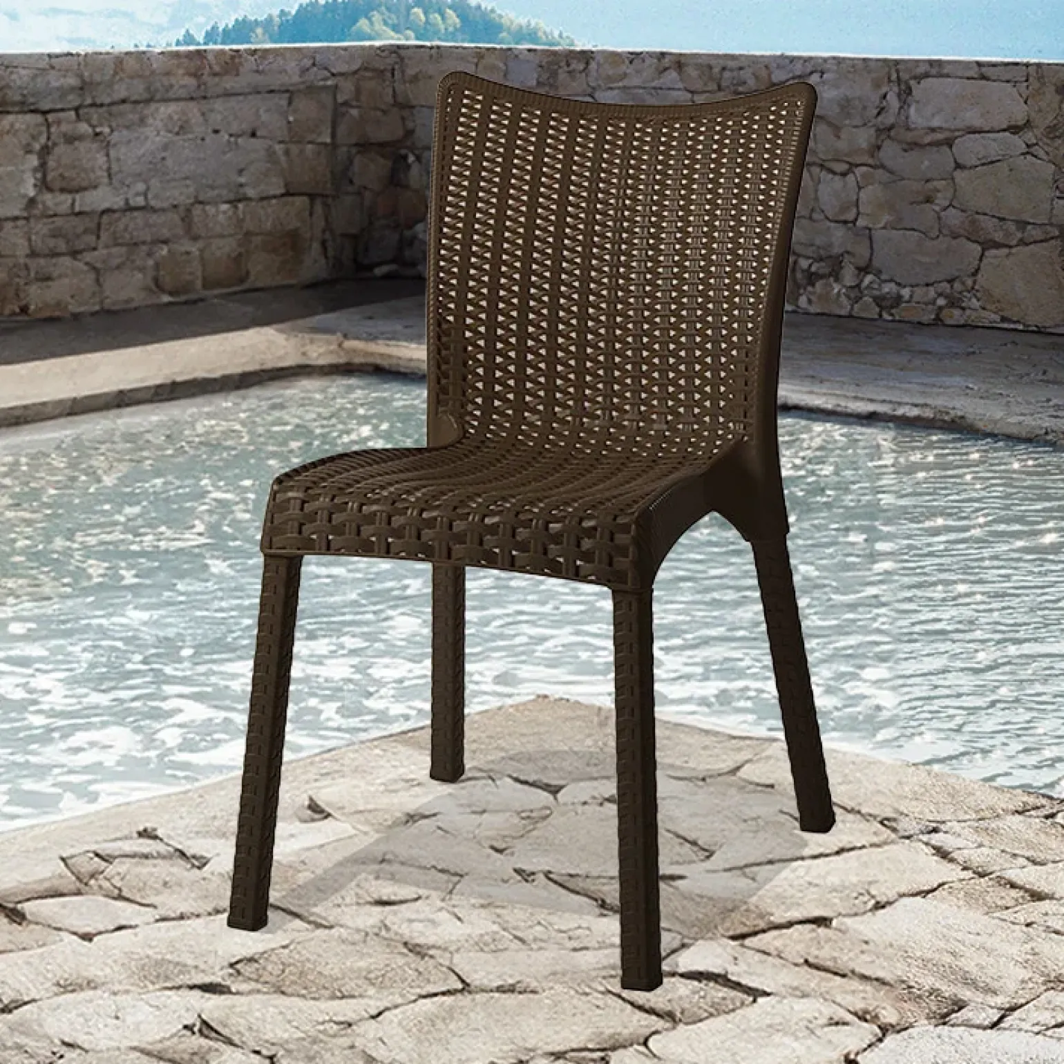Sedia da giardino esterno bar dehors polipropilene effetto rattan marrone scuro Rossana