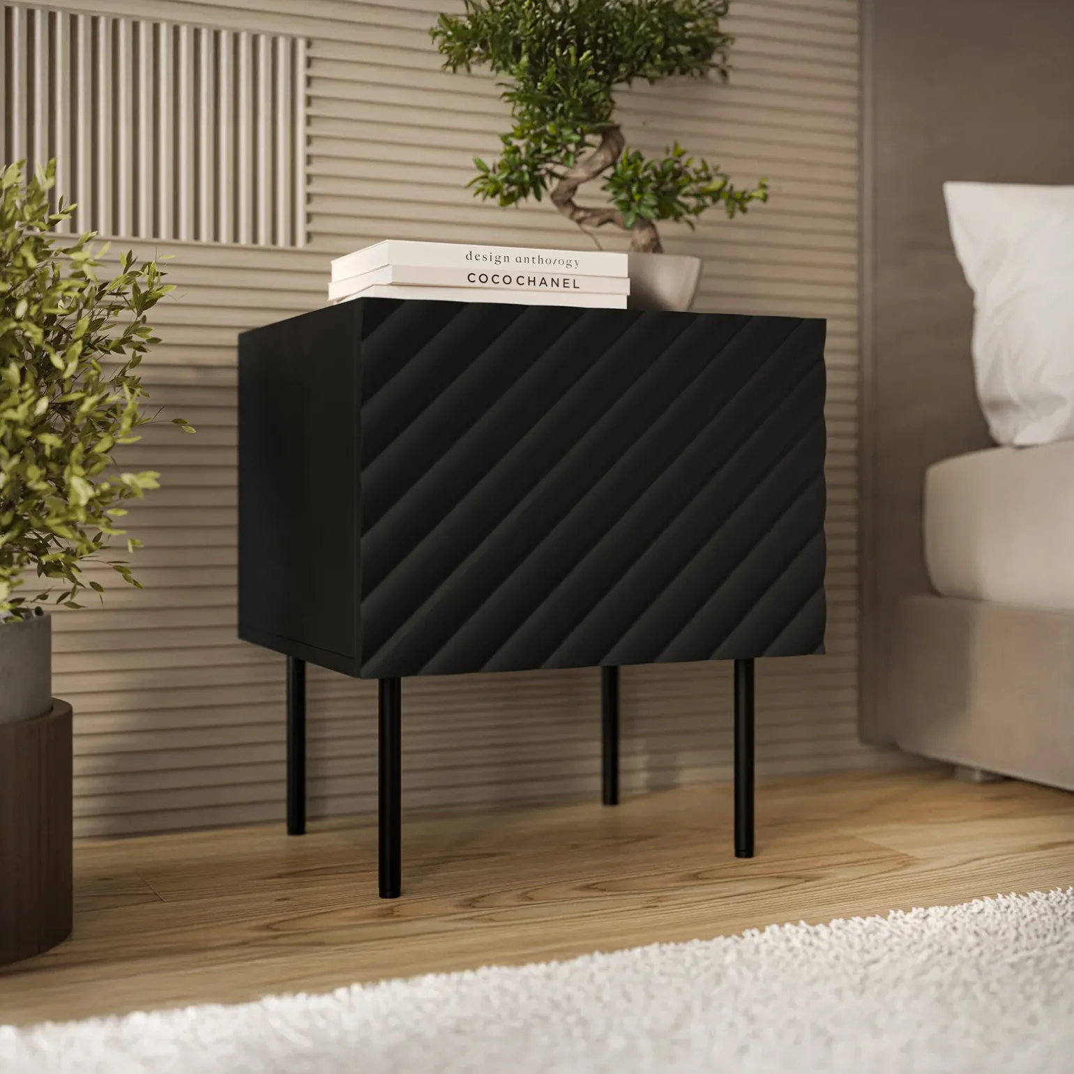 Set 2 comodini 47x52h cm 1 anta con frontali decorati nero Daniele