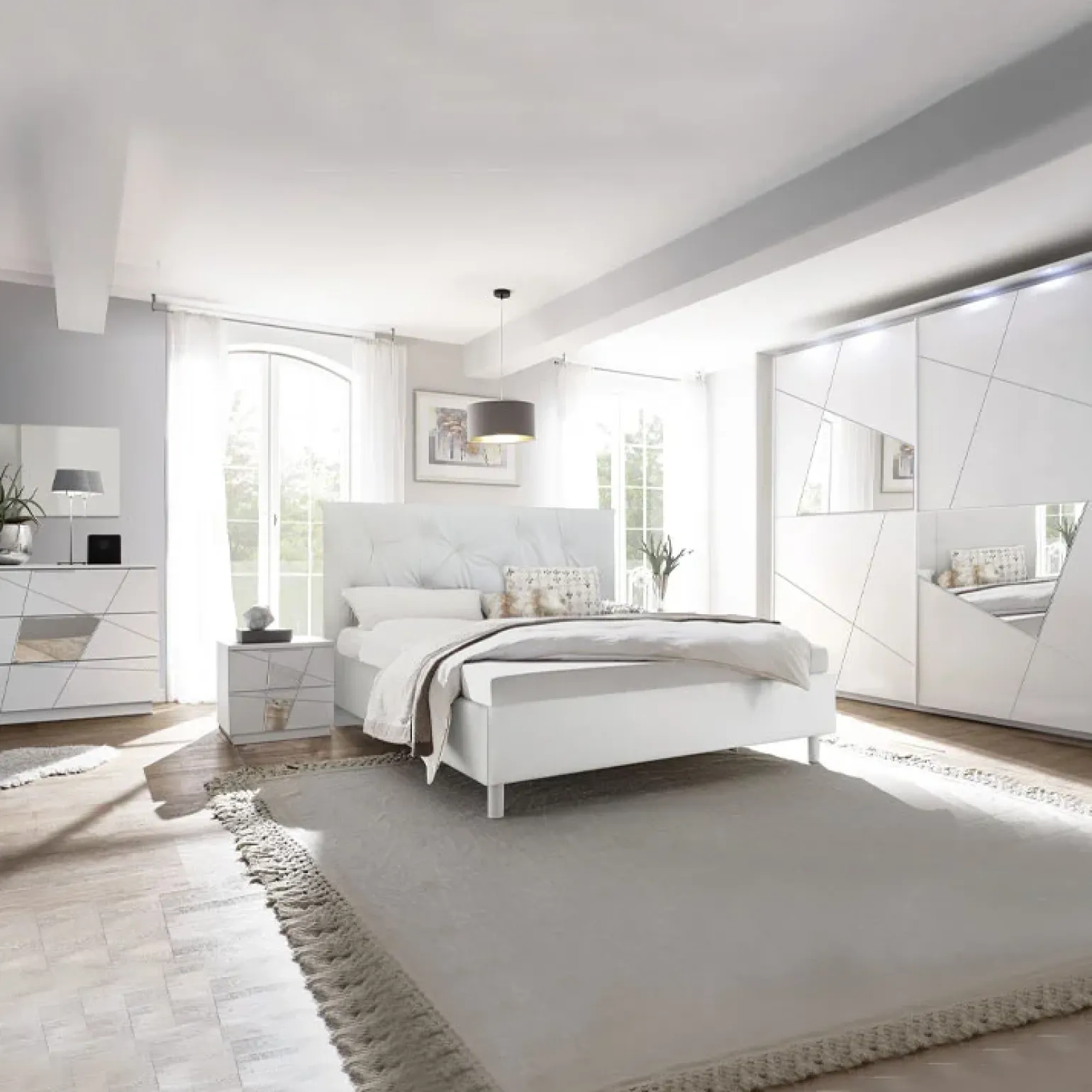 Set 2 comodini 51x48h cm con cassetti bianco opaco frassinato con serigrafia e specchio Olimpo