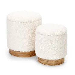 Set 2 pouf rotondi contenitore imbottiti panna rovere Masato