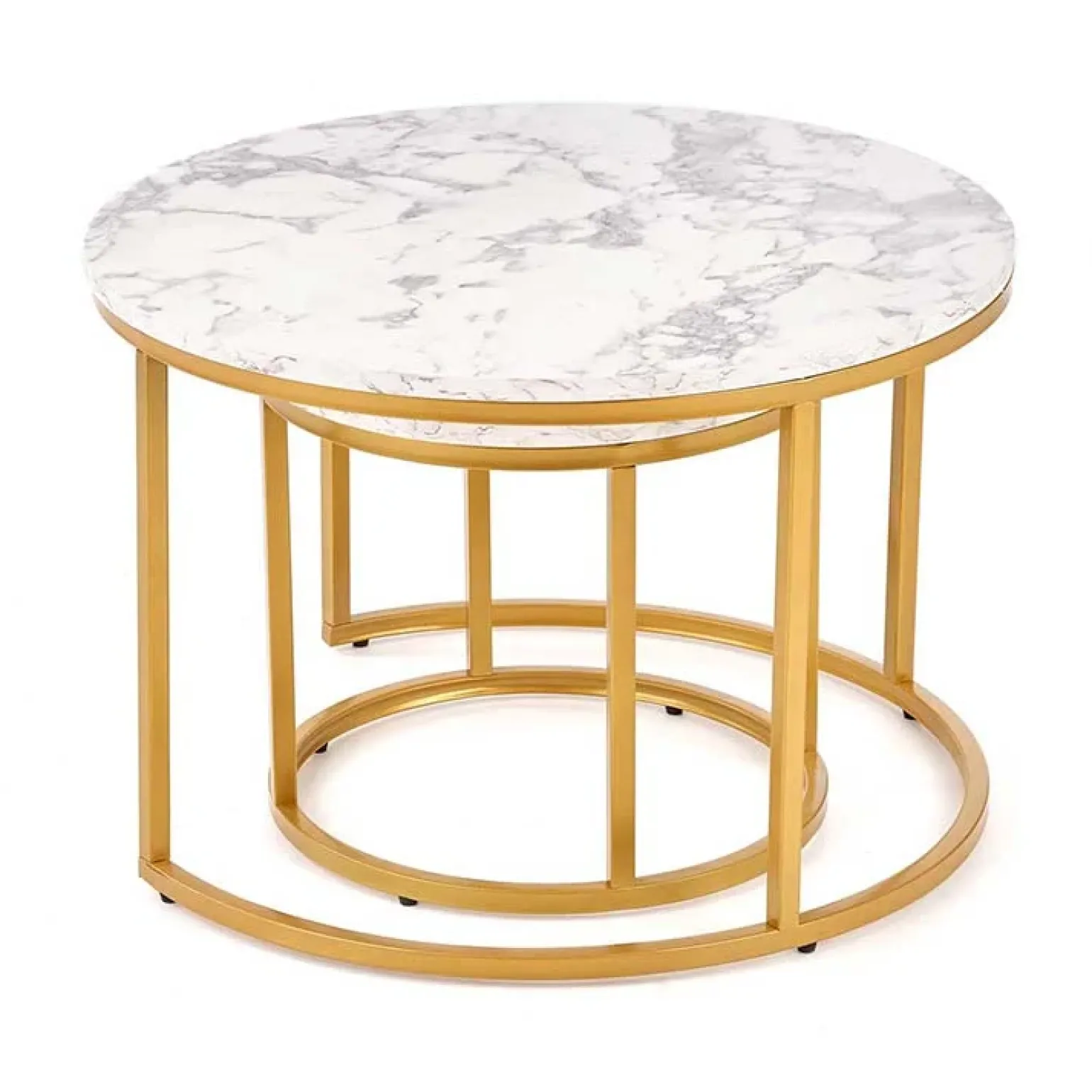 Set 2 tavolini rotondi da salotto effetto marmo bianco oro Lepi