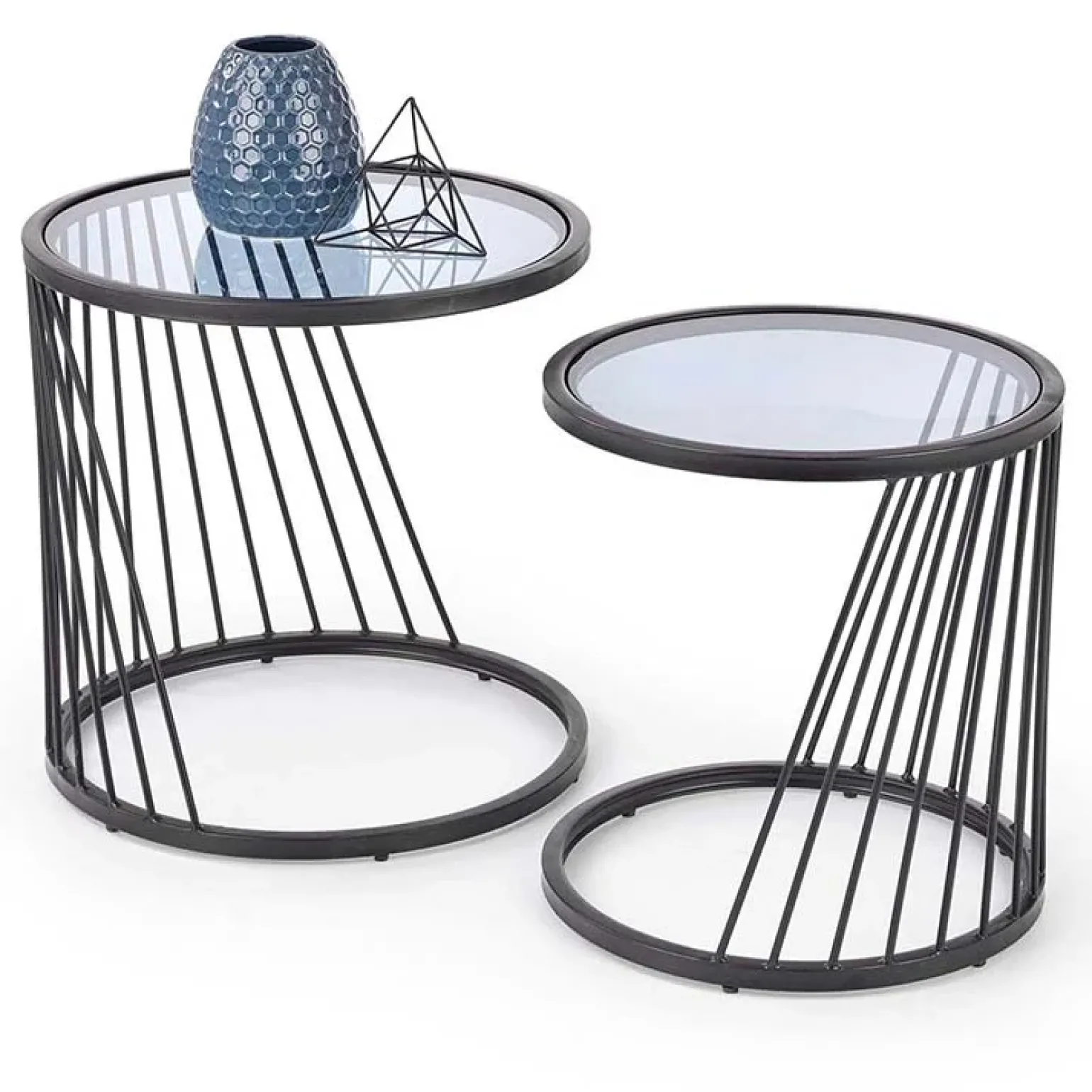 Set 2 tavolini 40x30cm da salotto rotondi vetro fumè acciaio nero Foglia