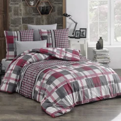 Set copripiumino matrimoniale e federe a quadretti 220x240cm rosso grigio Doroty