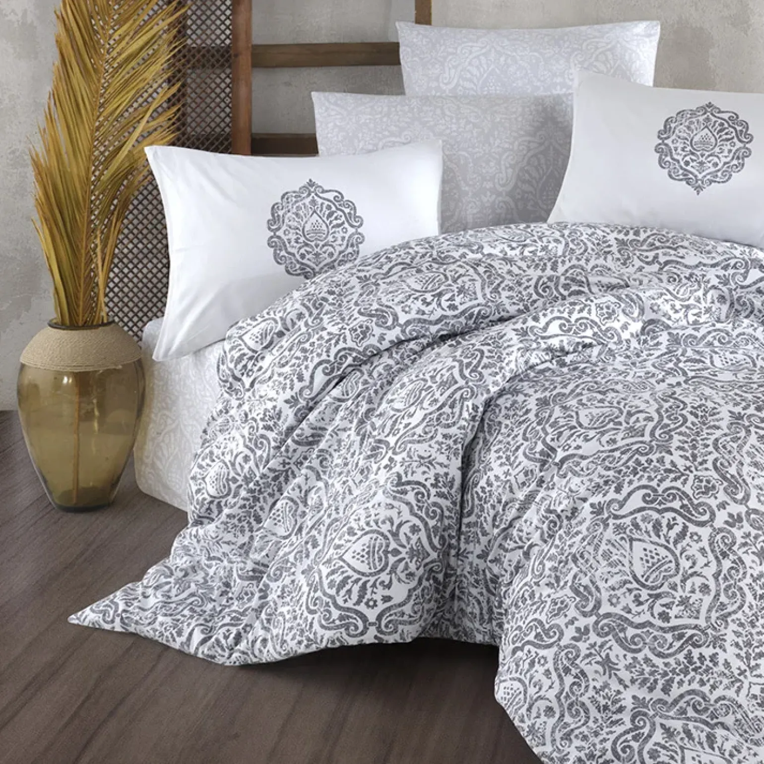 Set copripiumino moderno singolo e federa 140x220cm bianco grigio Meriel