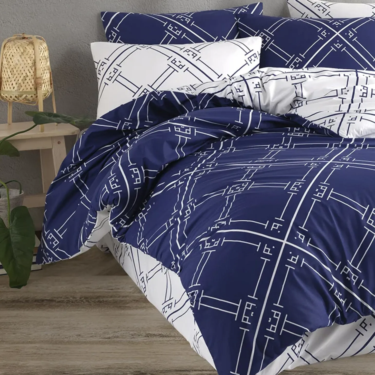 Set copripiumino singolo e federa a quadri 140x200cm bianco blu Rosalin