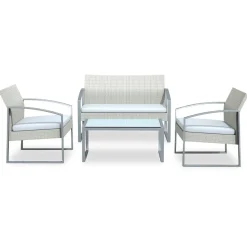 Set giardino 2 poltrone, divano e tavolino in rattan bianco Luca