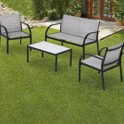 Set giardino 2 poltrone, divano e tavolino in textilene grigio Neiva