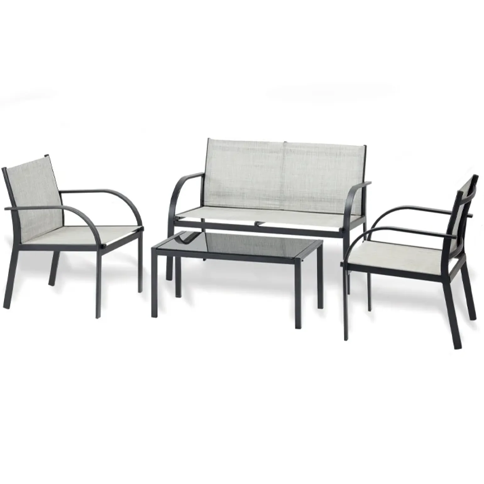 Set giardino 2 poltrone, divano e tavolino in textilene grigio Neiva
