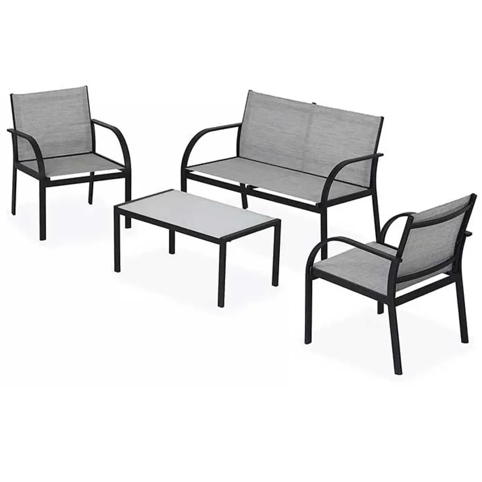 Set giardino 2 poltrone, divano e tavolino in textilene grigio Neiva