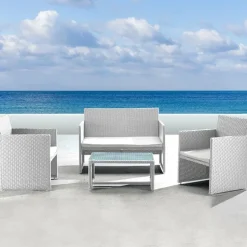 Set giardino 2 poltrone, divano e tavolino in rattan bianco Mara