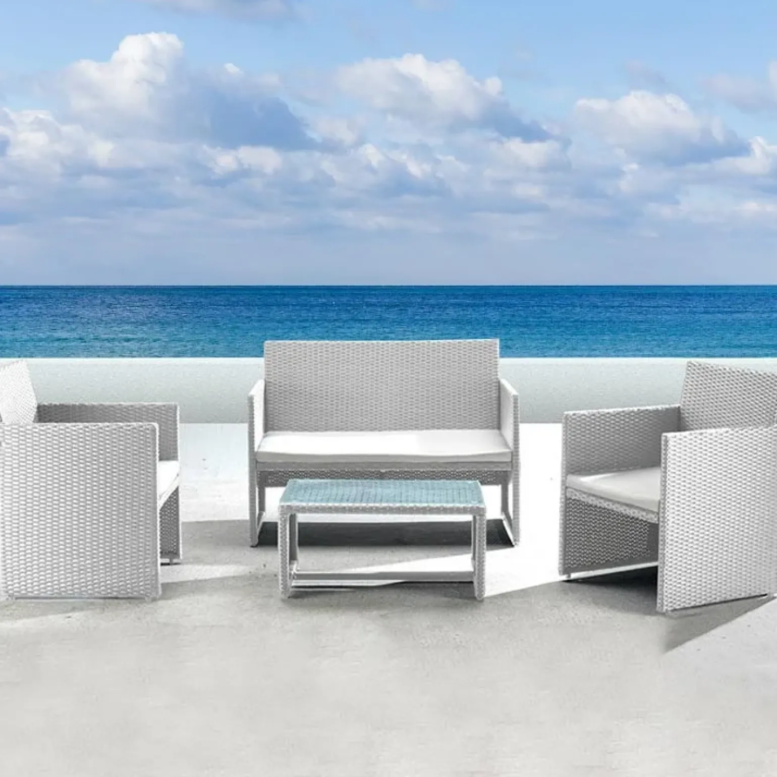 Set giardino 2 poltrone, divano e tavolino in rattan bianco Mara