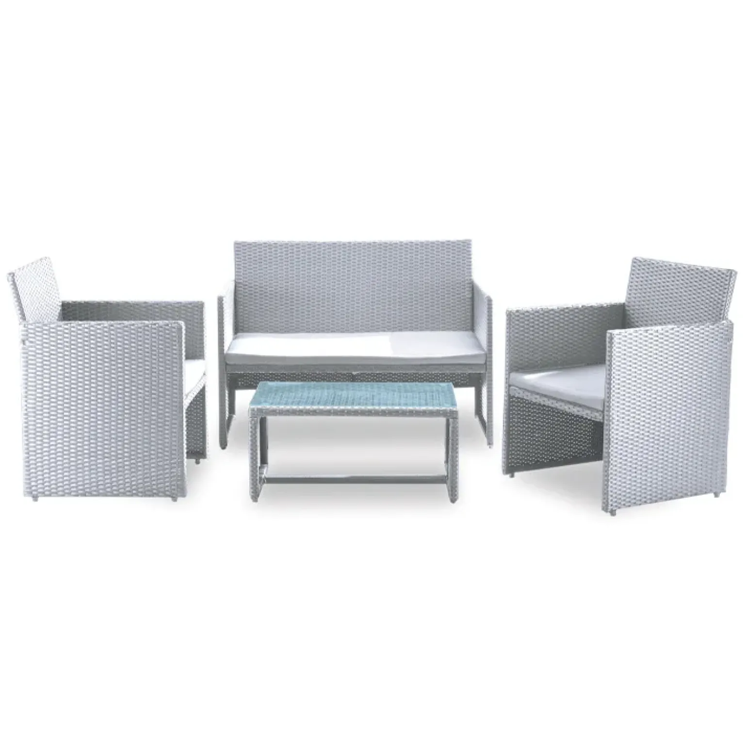 Set giardino 2 poltrone, divano e tavolino in rattan bianco Mara