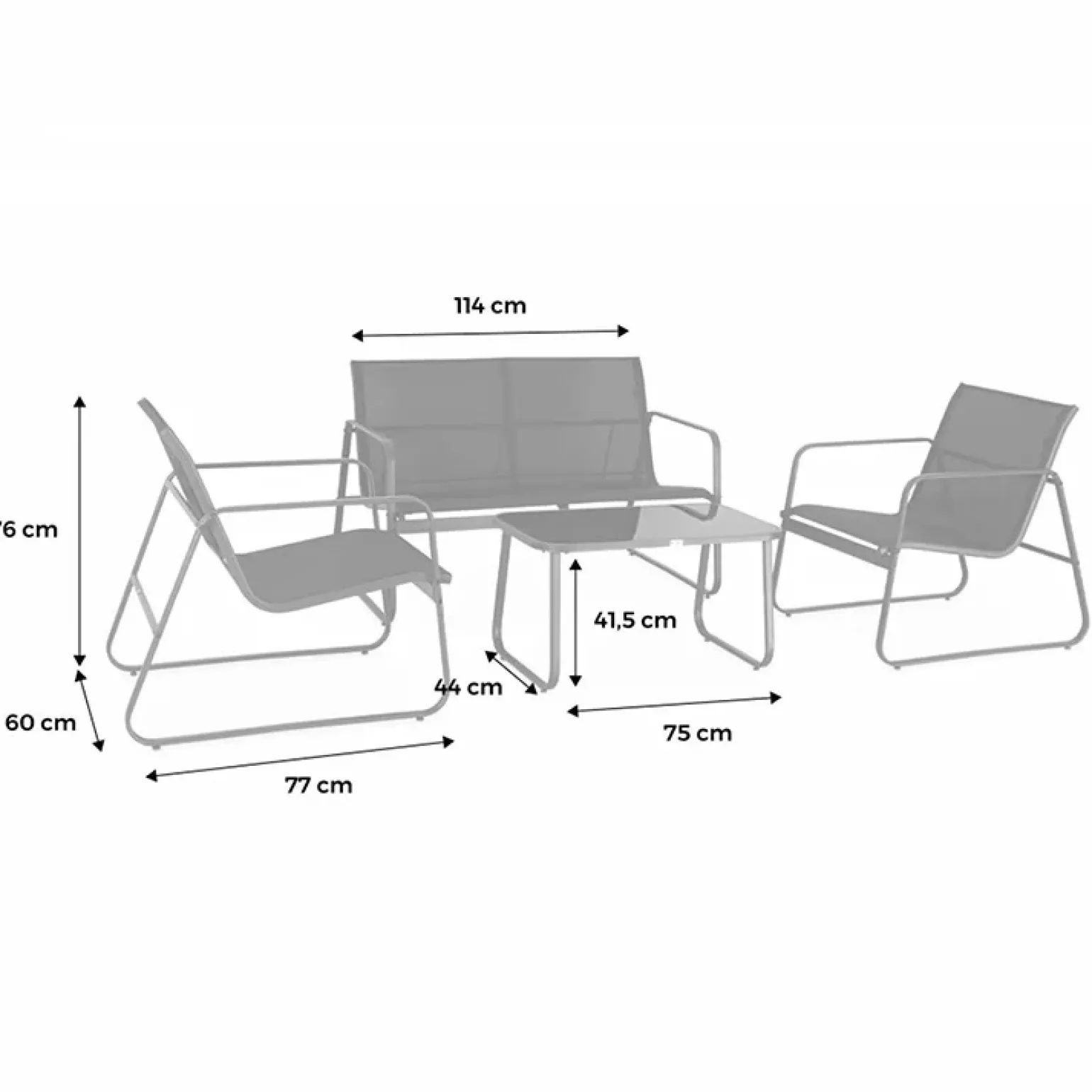Set giardino relax 75x45cm 2 sedie divano e tavolino acciaio grigio Eden
