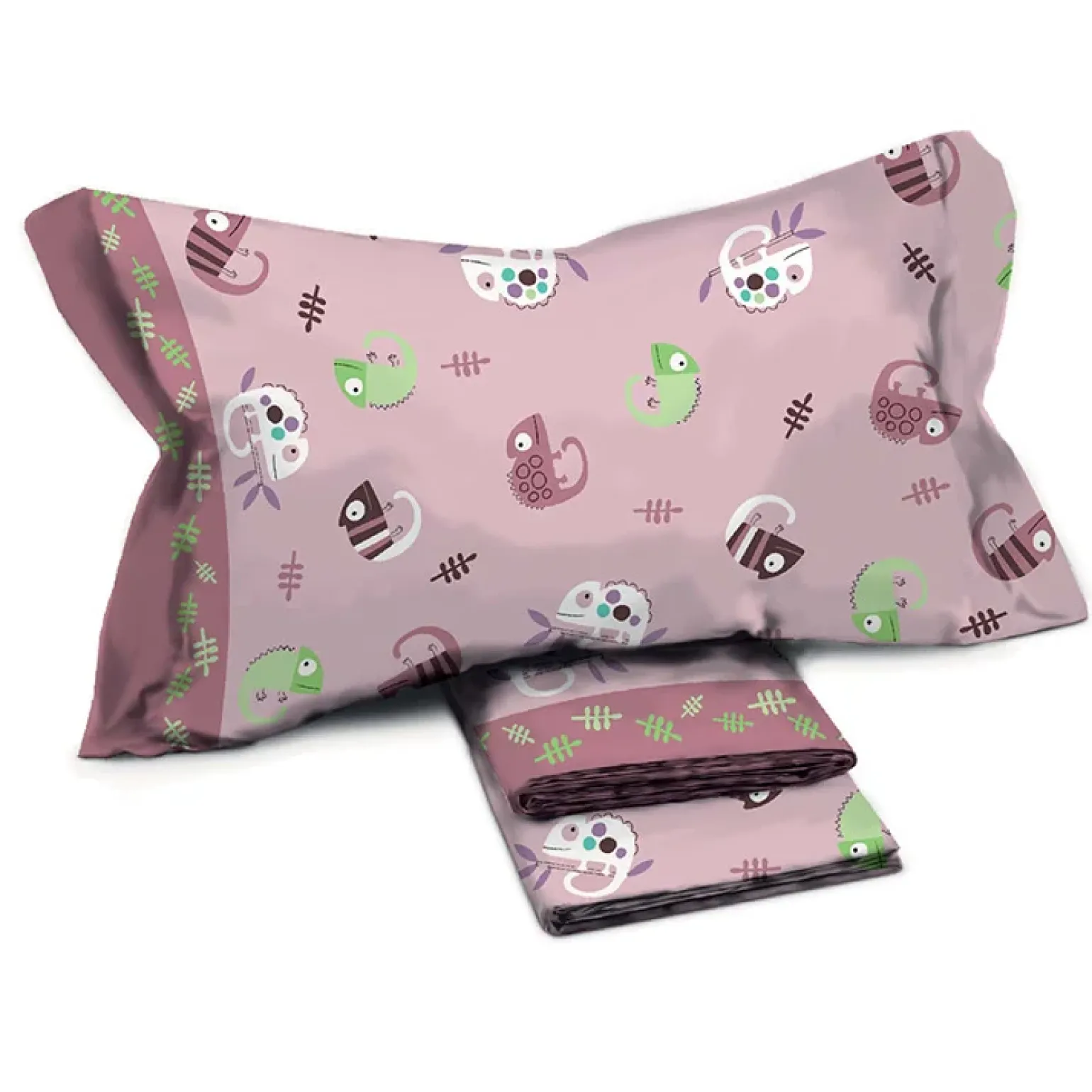 Set lenzuola letto singolo per bambini in cotone con camaleonti rosa Cantuccio
