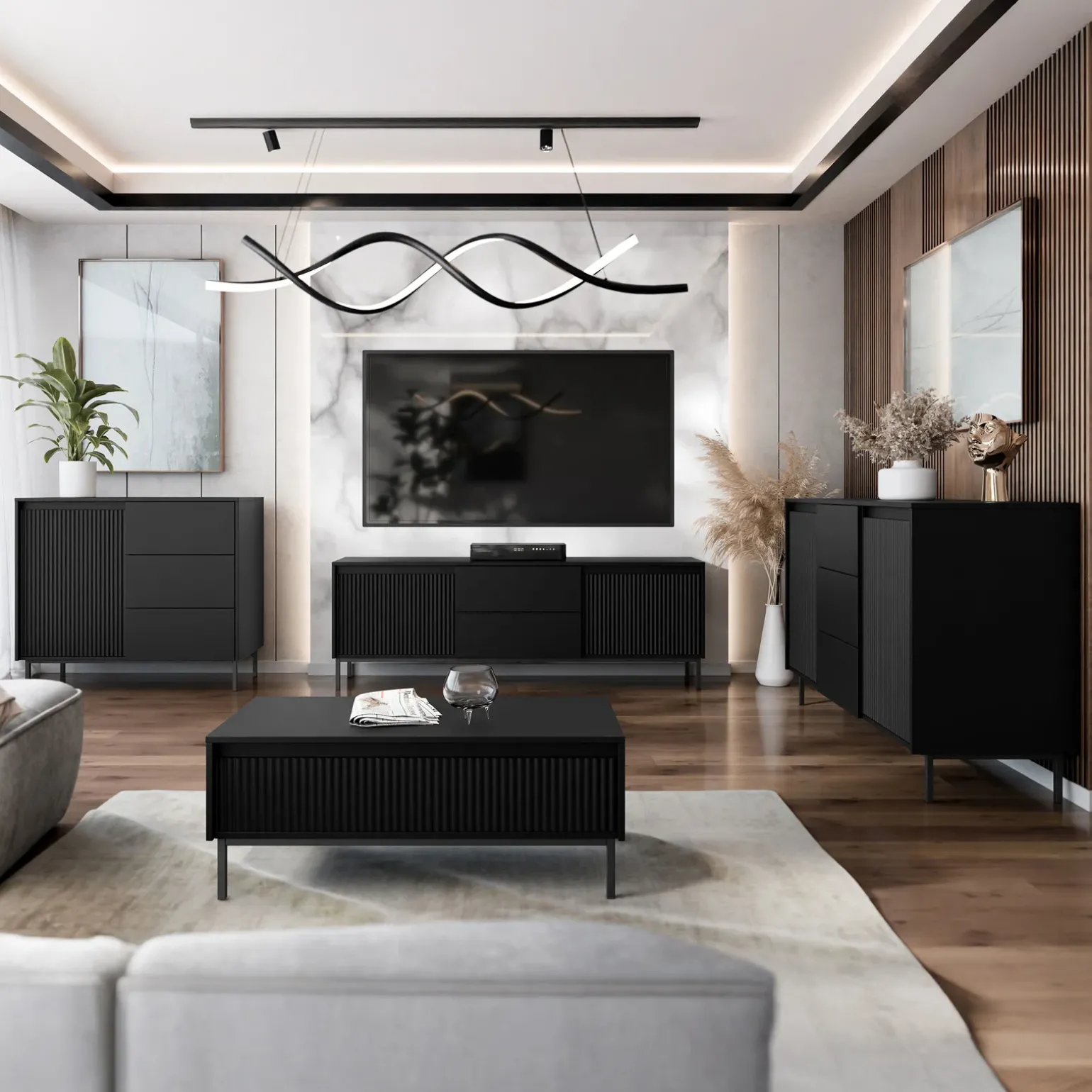 Set mobili soggiorno completo design cannettato nero Strike