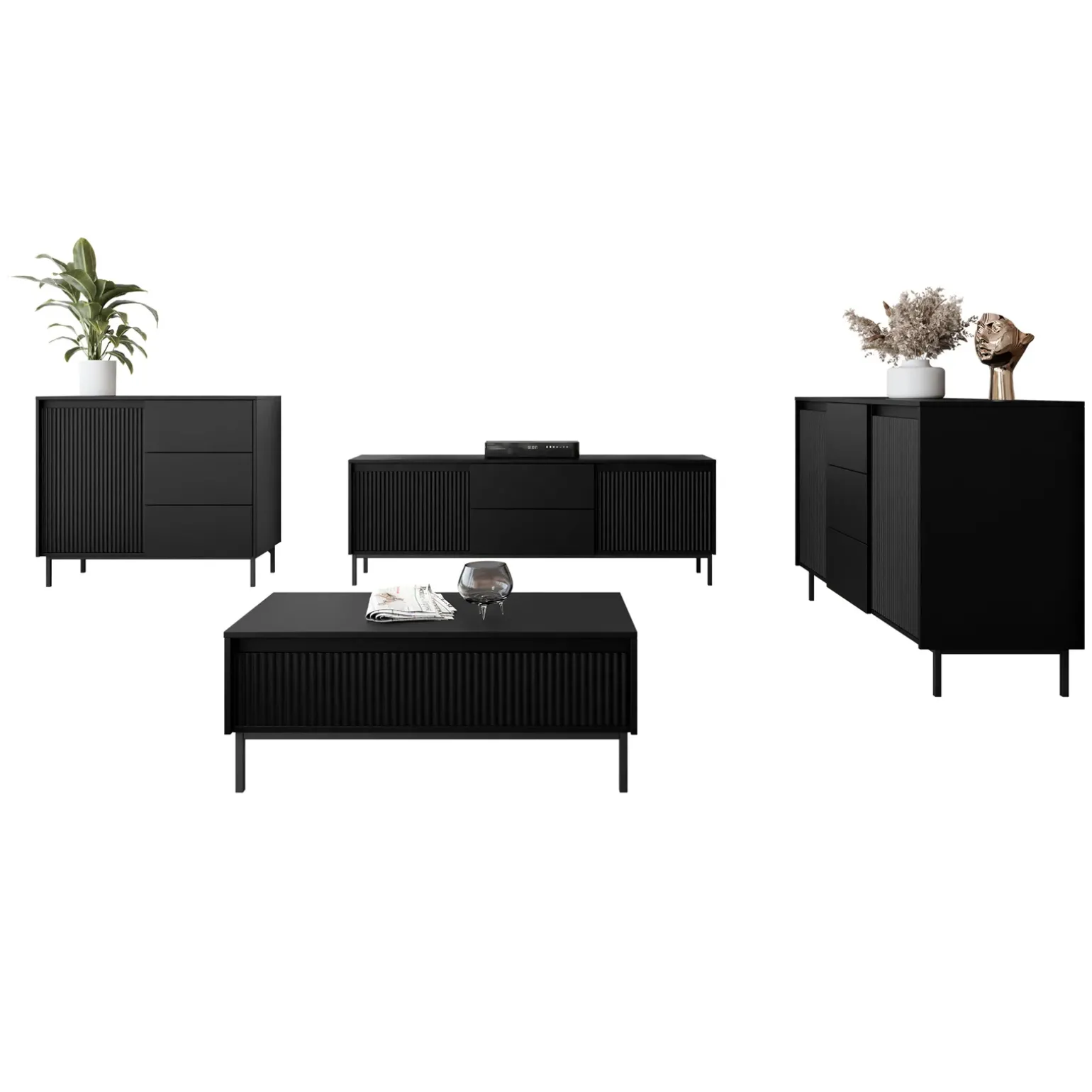 Set mobili soggiorno completo design cannettato nero Strike