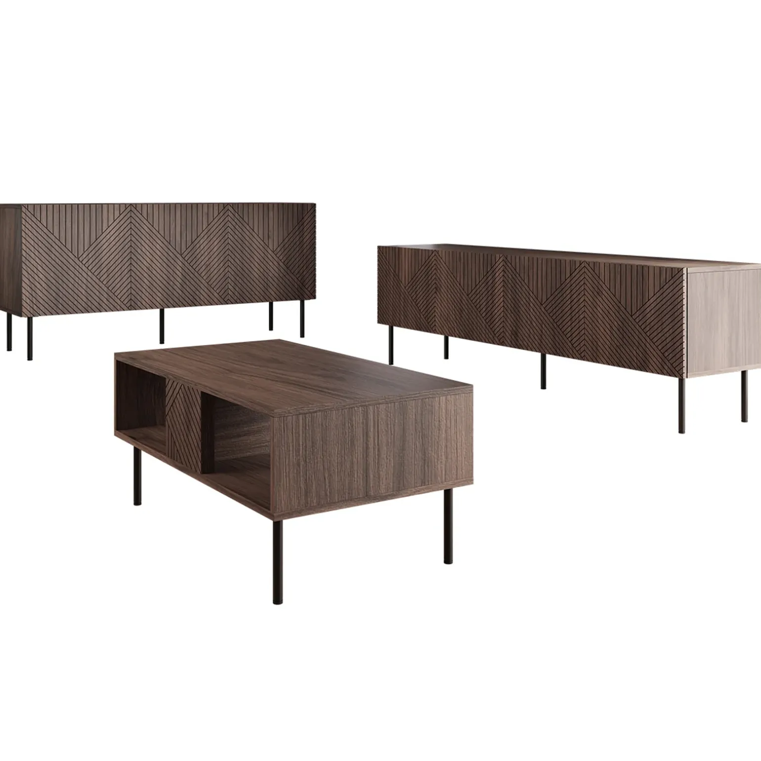 Set mobili soggiorno completo noce scuro con frontali serigrafati Savanna