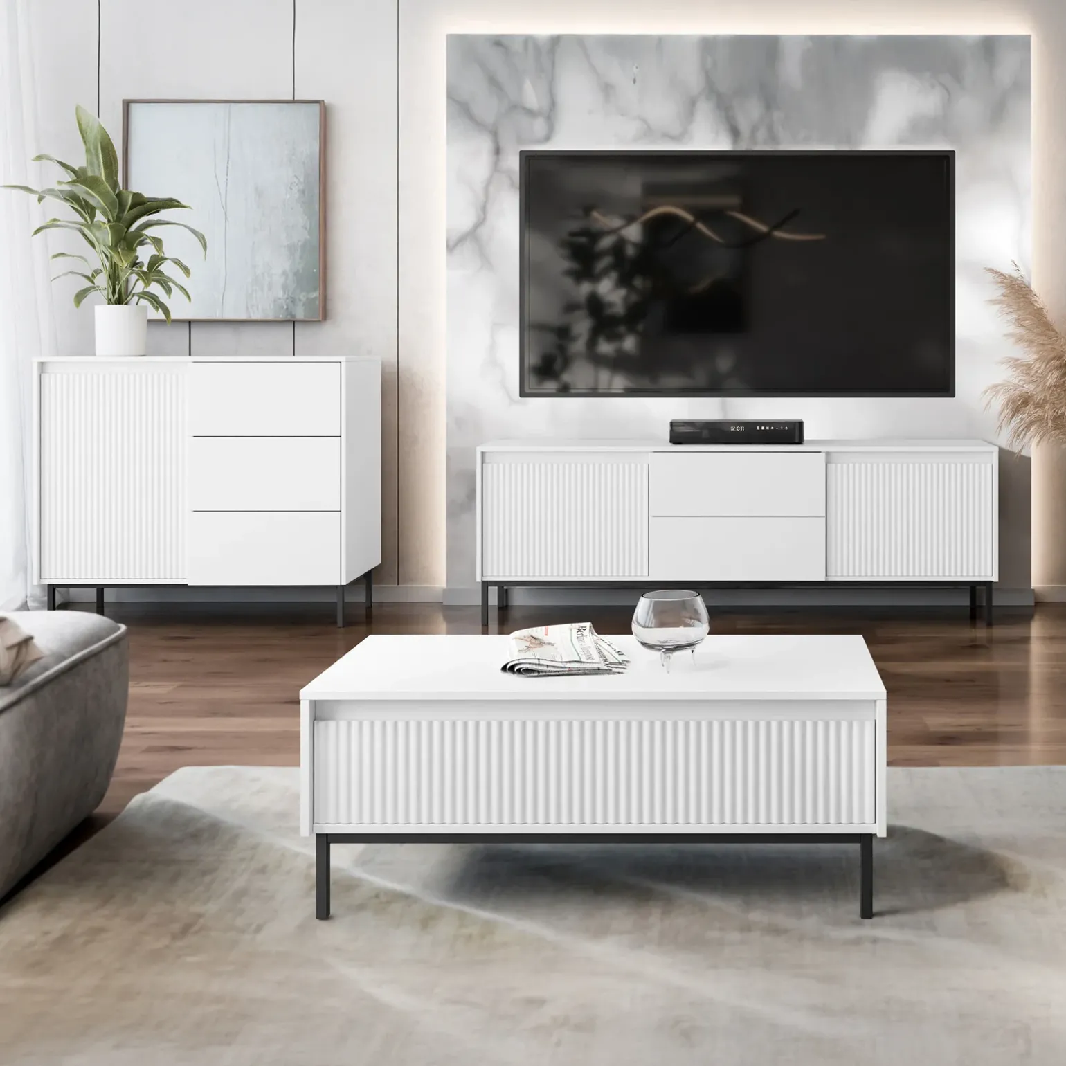 Set mobili soggiorno completo design cannettato bianco Strike 2