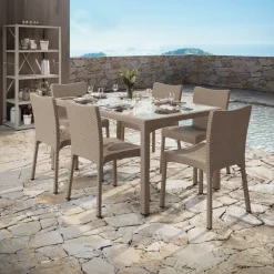 Set tavolo da giardino esterno bar dehors rettangolare 150x90cm + 6 sedie effetto rattan tortora Conchiglia