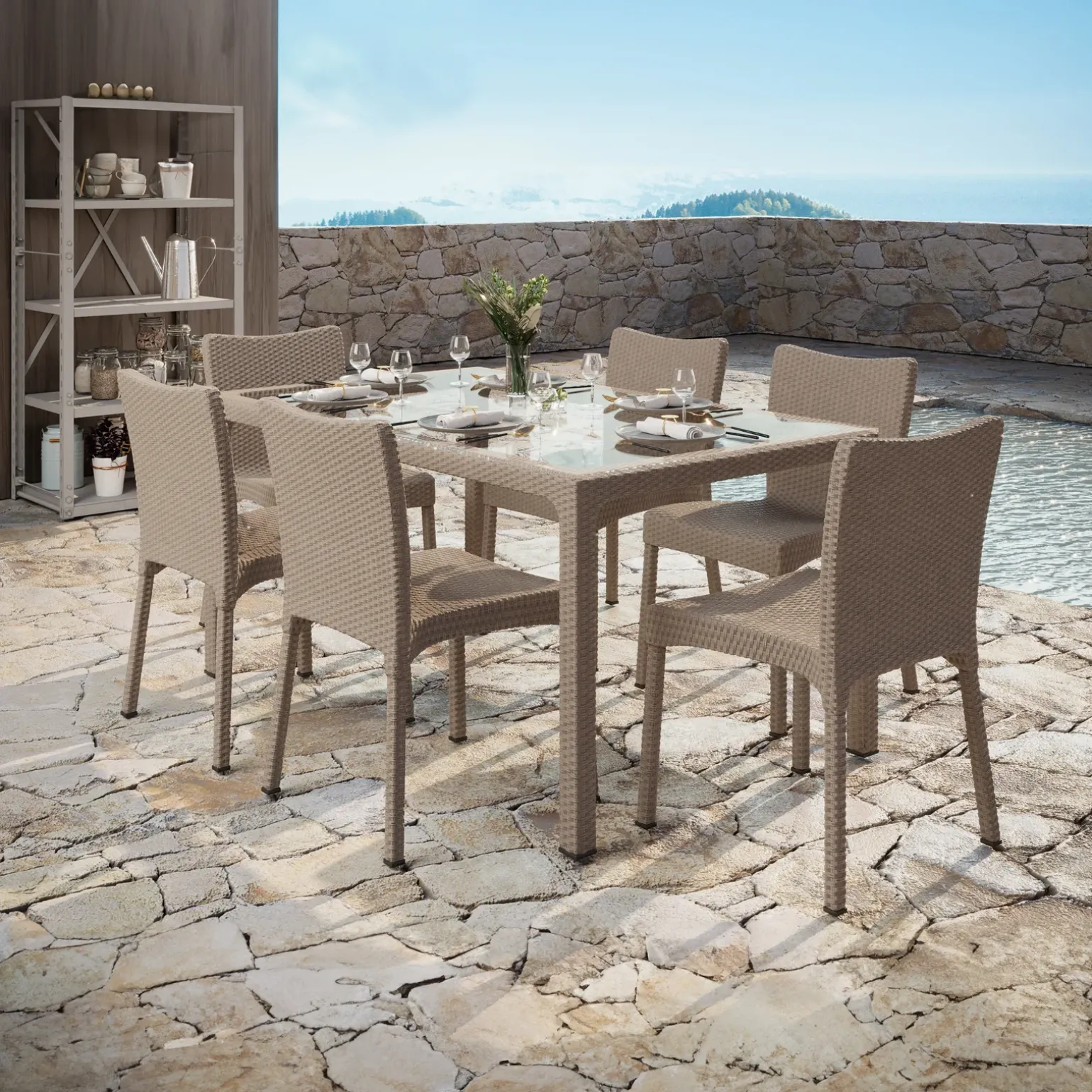Set tavolo da giardino esterno bar dehors rettangolare 150x90cm + 6 sedie effetto rattan tortora Conchiglia