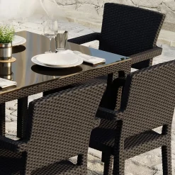 Set tavolo da giardino esterno bar dehors 150x90cm + 6 sedie con braccioli effetto rattan marrone Bora