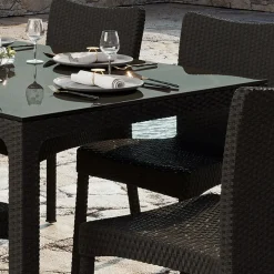 Set tavolo da giardino esterno bar dehors rettangolare 150x90cm + 6 sedie effetto rattan marrone Conchiglia