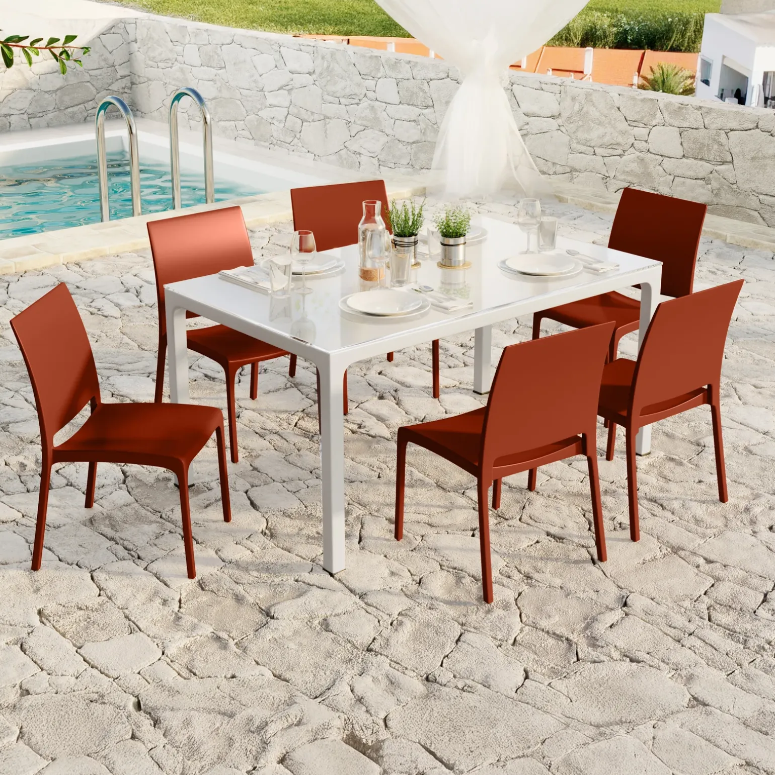 Set tavolo da giardino esterno dehors con vetro 150x90 cm bianco + 6 sedie rosso mattone Ivy