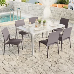 Set tavolo da giardino esterno dehors con vetro 150x90 cm bianco + 6 sedie grigio tortora Ivy