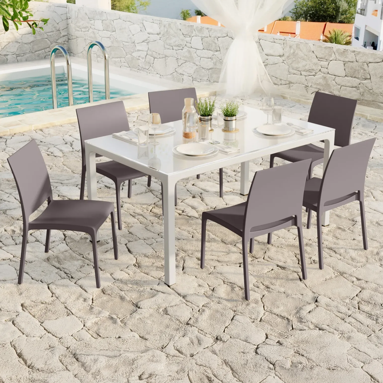 Set tavolo da giardino esterno dehors con vetro 150x90 cm bianco + 6 sedie grigio tortora Ivy