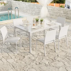Set tavolo da giardino esterno dehors con vetro 150x90 cm bianco + 6 sedie bianco Ivy