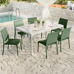 Set tavolo da giardino esterno dehors con vetro 150x90 cm bianco + 6 sedie verde Ivy