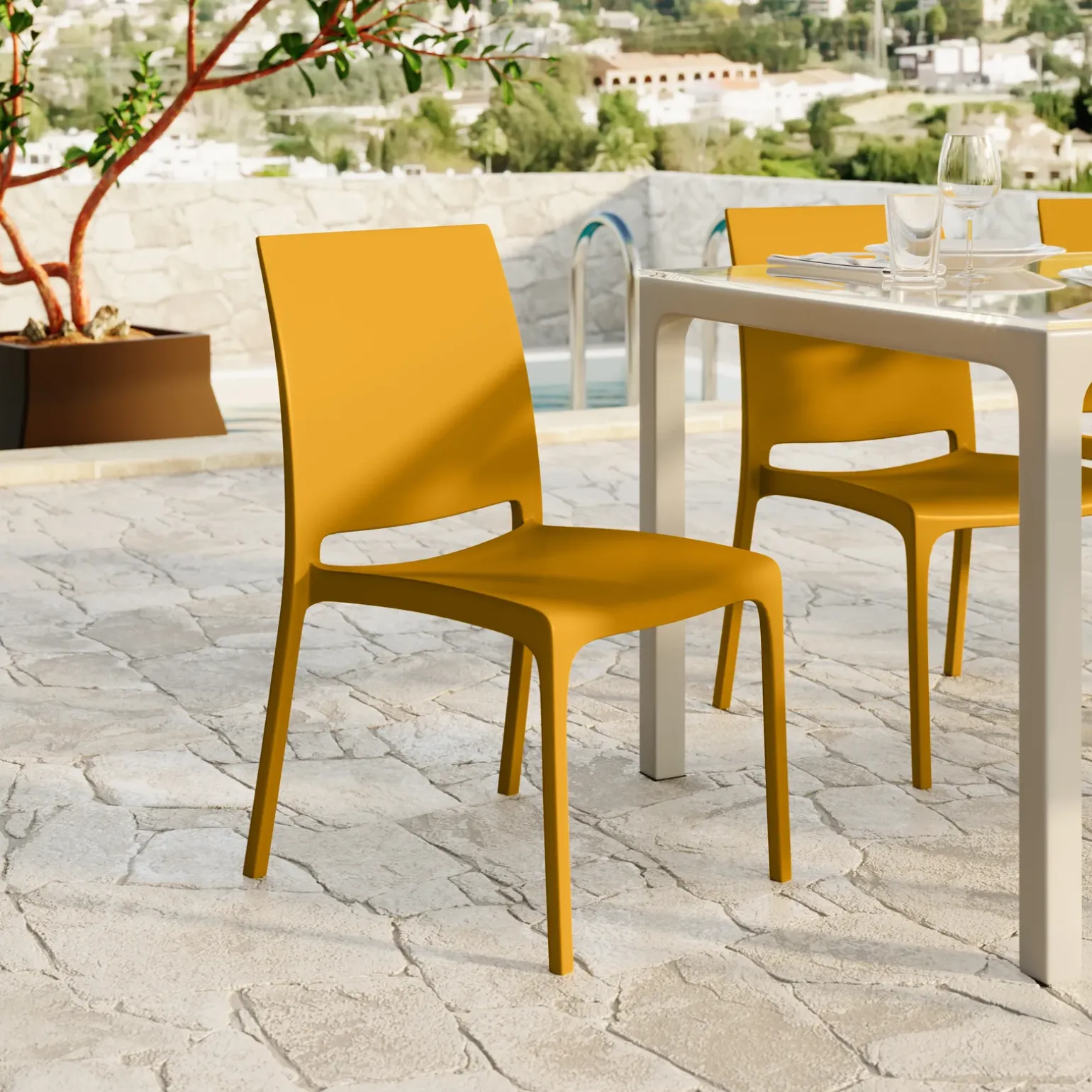 Set tavolo da giardino esterno dehors con vetro 150x90 cm bianco + 6 sedie giallo senape Ivy